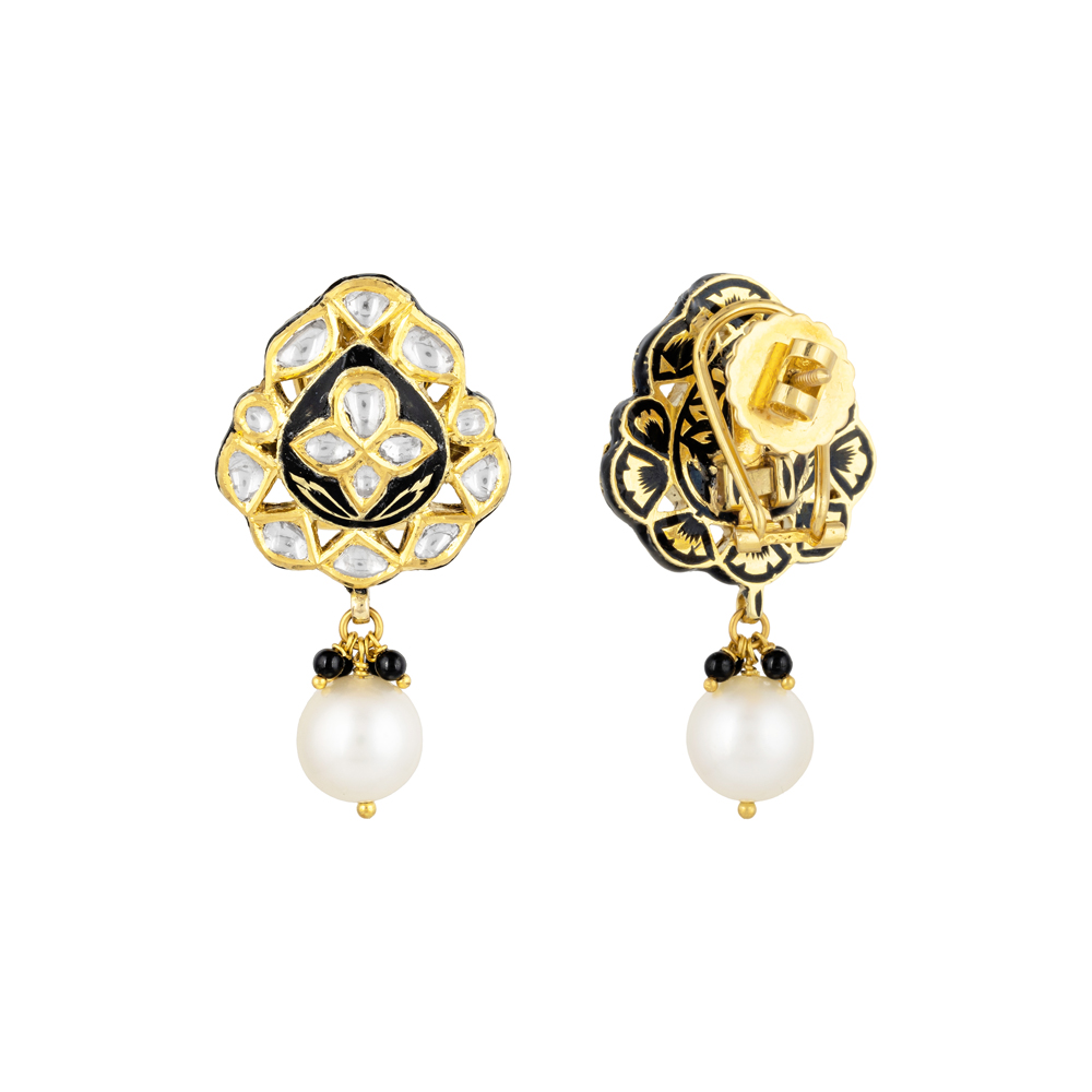 Polki Earrings with Black Enamel, Floral Motif & Pearl Drop